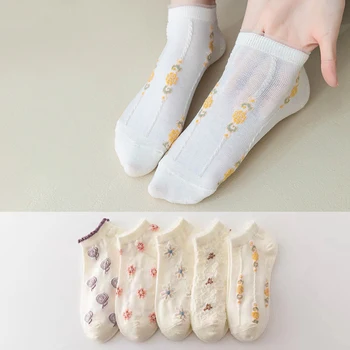 5 двойки/лот, летни Стръмни и Къси чорапи, Дамски Модни Бели Чорапи с цветен модел, комплект от чорапи до глезена на крака, тънки Дишащи памучни дамски чорапи-лодка