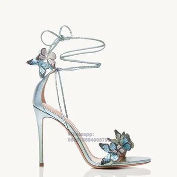 Abesire/Нови Дамски сандали с Декорация във формата на пеперуда, синя Лятна Дамски обувки на висок ток с шнур, Модни обувки на висок ток, zapatos mujer