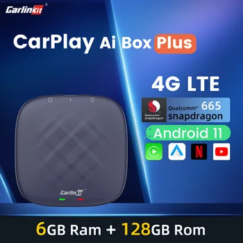Carlinkit Ai Box Plus QCM6125 6 + 128 GB Android 11 4G LET Tv Box Безжичен CarPlay/Android Авто Вграден Netflix, YouTube IPTV