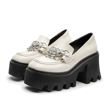 DIMANYU/дамски обувки на висок ток и платформа, на Новост 2023 г., пролетни дамски лоферы от лачена кожа с веригата, дамски обувки-лодка без обков с кръгло бомбе