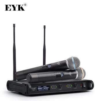 EYK E300 UHF Двоен 2-те Метален Ръчен Микрофон, Предавател с Функция за Изключване на Звука Професионален Безжичен Караоке Микрофон Система