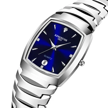 KINGNUOS High-end модерни ежедневни часовник с календар за двойки, кварцов механизъм стоманена каишка, мъжки и женски квадратни часовници