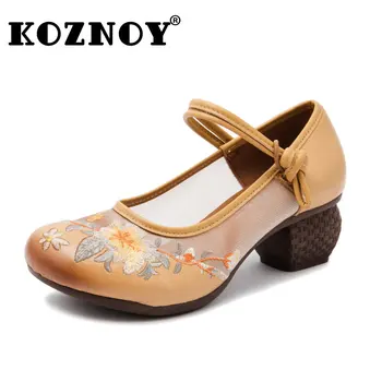 Koznoy сандали жена лятото на 2022 5см етническа естествена кожа окото кухи бродерия на цвете буци петата дамска мода помпи обувки 