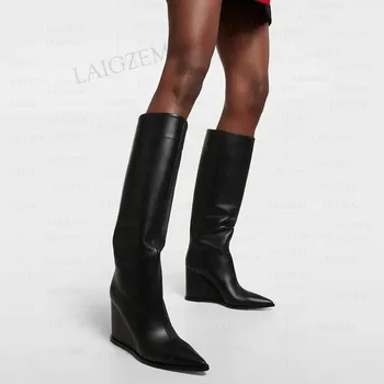 LAIGZEM/Дамски ботуши до коляното от естествена кожа в танкетке 7 см, и Високи ботуши с високи токчета, Дамски обувки ръчна изработка, Големи Размери 33 38 40 43 46