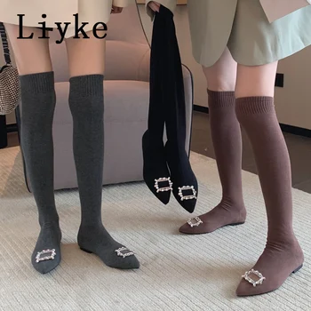 Liyke/2023, Есенни женски Уютни терлици от Еластичен плат, Ботуши, Ежедневни обувки Над коляното на равна подметка с катарама и кристали