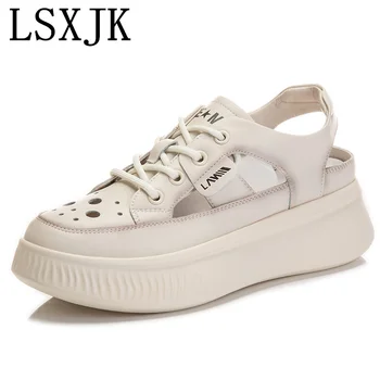 LSXJK/Сандали от естествена кожа, Дамски Връхни дрехи, Лятна Новост 2022 г., Плажни обувки на равна подметка, Модни дамски обувки