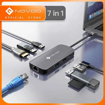 NOVOO 7 Портове USB C HUB Type C към HDMI-съвместим ХЪБ с 4 Порта USB 3,0 2,0 PD 100 W RJ45 Адаптер За MacBook Nintendo Switch