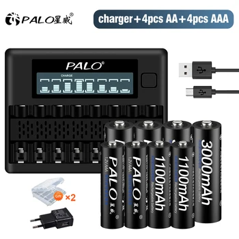 PALO 3000 ма 1.2 AA Батерия 1100 mah 1,2 Волта AAA Ni-MH акумулаторни Батерии За Мишката alarm clock Играчка + 8 Слотове за USB Зарядно Устройство