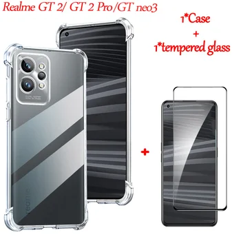 realme 10 прозрачен устойчив на удари калъф за телефон realme gt2 pro gt нео 3 мек Силиконов Калъф и Защитно закалено стъкло reami gt2 realme gt 2 pro neo3 TPU калъф custodia