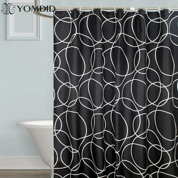 YOMDID Черна завеса за баня с бял кръгъл модел завеси за душ водоустойчив удебелена завеса за баня от полиестер с куки 12 бр.