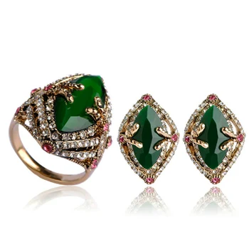 Zlxgirl бижута Зелени Турски Обеци с пръстен бижута комплекти за дамски партита, модни бижута, подаръци дамски модни бижута сватба за уши