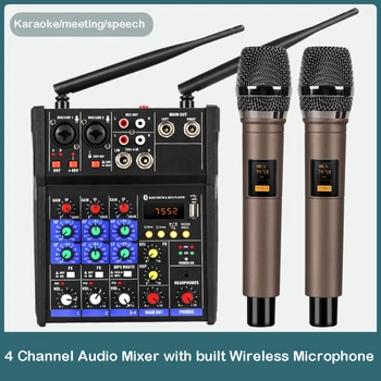 Аудио DJ Миксер 4 Канала Конзола с Безжичен Микрофон Миксиране на Звук Bluetooth Караоке Студиен Маса за Запис