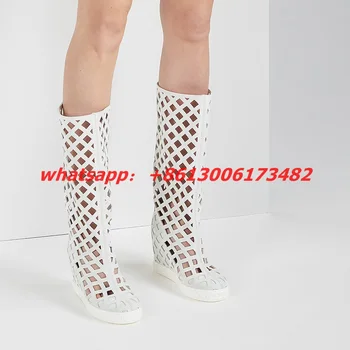 дамски бели кухи стилни мрежести обувки танкетке с вътрешен ток 12 см, увеличаване на вътрешната височина до коляното, мрежести дамски ботуши