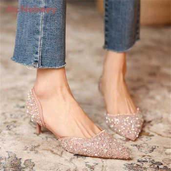 Дамски обувки за сватба 2023 нов crystal елегантен остър чорап среден ток секси кристали помпи жените партия обувки