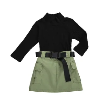 Детски Модерен Комплект дрехи от 3 теми за малките момичета, Най-високо Воротом и дълги ръкави, Однотонная Риза в рубчик + Работна панталон + колан, Комплектът от 1 до 6 години