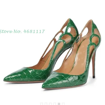 Зелени обувки-лодка на висок ток с Принтом, Кухи Шикозни Обувки-лодка на Висок ток с остър пръсти, летни зашеметяващ Модерен Офис женски обувки 2022 г.