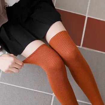 зимни топли дамски чорапи, прости японски модни чорапи до бедрото, в стил харадзюку, вълнени обикновена чорапогащи, кавайные сладки дълги чорапи