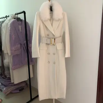 Зимно модно дебели вълнени палто с яка от естествен лисьего кожа, кашемировое палта, дамски двубортная тънка вълнена горна дреха F925