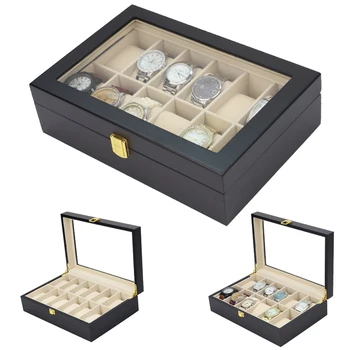 Луксозна Дървена Кутия за Часовник Ръчна изработка с 12 Мрежи, Дървена Кутия За Часовници, Калъф за Часа, Кутия за Съхранение Часа