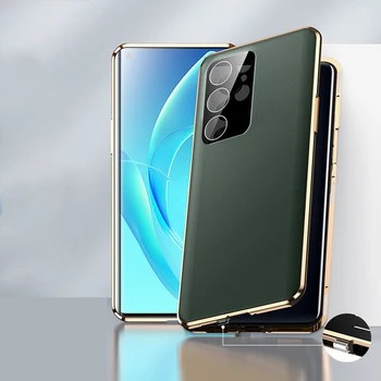 Магнитен Калъф за Samsung Galaxy S22 Ultra Двустранен Калъф S22 Plus от Закалено Стъкло Кожен Калъф със Защита на Камерата