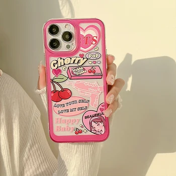 Модерен Розов цвят Череша Калъф за Телефон с Шарени Момичета за iPhone 11 12 13 Pro X XS Max XR 7 8 Plus, Мини устойчив на удари Прозрачен Мек Калъф, Чанта