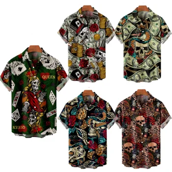 Мъжки модни летни Тениски с Гавайским Черепа, 3d Принтом, Удобни Ежедневни Ризи на една пуговице, Плажни Ризи Оверсайз с Къс Ръкав