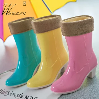 Нескользящие Непромокаеми гумени ботуши от желейного PVC, Топли зимни Къси Плюшени непромокаеми Обувки, Модерни Ежедневни удобни работни Обувки без закопчалка На квадратен ток
