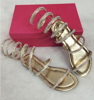 По-големи размери 34-46, летни дамски сандали с кристали, пикантен дамски сандали-гладиатори, дамски обувки, дамски обувки на плоска подметка от змийска кожа подметка, римска обувки