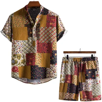 Реколта Хавайска риза с Цветен Модел и къси Панталони, Костюм от 2 теми, Комплекти Дрехи за почивка, Вечерни, Плажни Тропически Хавайски Рубашечные Костюми, Мъжки XXL