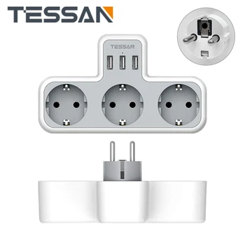 Стенни изход TESSAN 6 в 1 от ЕС с 3 розетки, 3 USB порта, зарядно устройство 100-230 В, захранващ адаптер, със защита от претоварване за домашния офис