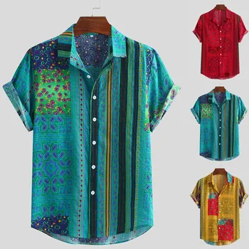 Хавайски Мъжка Риза с Къс Ръкав В Цветна Ивица, Лятна Плажно Облекло, Мъжко Облекло, Безплатна Ежедневна Риза с Копчета, Ризи Hommes 2022