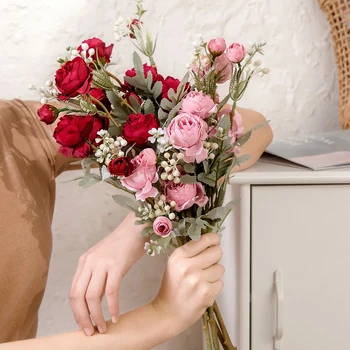 Европейската Реколта на Изкуствена Чаена Роза Копринени Цветя Малък Букет Сватба Домашно Парти направи си САМ Украса Фалшив Цвете